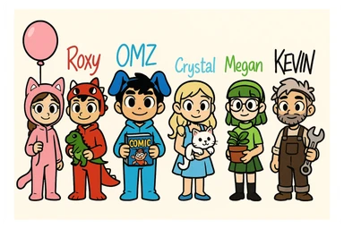 Keep the picture quality and style exactly the same as the reference image. Add the following props naturally with each character: Lily (pink cat suit) holding a pink balloon, Roxy (red dino suit) holding a small toy dinosaur, OMZ (blue dog suit) holding a comic book, Crystal (blue dress) holding a white cat, Megan (green outfit) holding a potted plant, and Kevin (brown overalls) holding a wrench. Ensure each prop is placed naturally and harmoniously with the character's pose and style. sticker