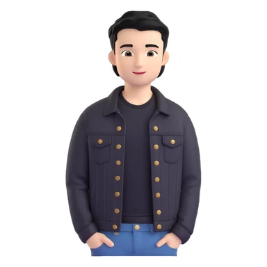 3D emoji Microsoft style, young man with black hair, wearing black t-shirt and black denim jacket, based on photo reference, slight smile sticker