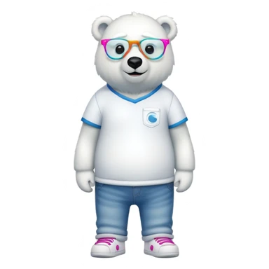 friendly anthropomorphised polar bear standing upright, looking chilled and unbothered, wearing a shirt, jeans, trainers, and spiral-shaped colorful glasses sticker