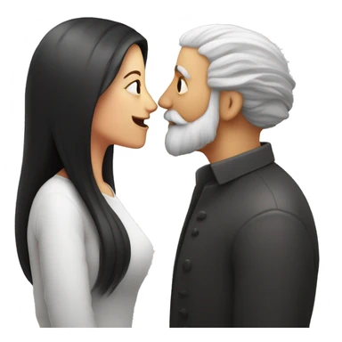 Red hearts are flying and Bald and gray beard man kisses from lips of  long black hair white woman sticker