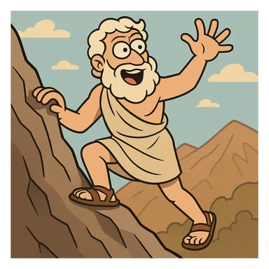 Ancient philosopher Plato scaling a mountain, energetic pose, cartoon style sticker