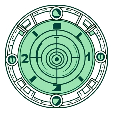 Precise Maya calendar glyph, geometric circular design with straight lines, only white and dark green, rigid angular divisions sticker