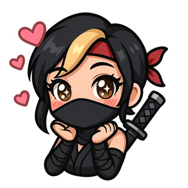 Sexy chibi ninja girl with black short hair and a blonde streak, only head and arms, colorful chibi style with bold outlines, transparent background, no mask, face with sparkly eyes and hearts floating around, sized for Twitch emoji use. sticker