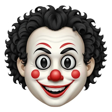 generate white clown mask emoji with a big curly black hair 

wide black coloured smile, no red nose but instead long and pointy white nose with no nostrils, pitch black eyes with no pupils, no brows sticker