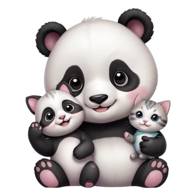 A cute baby panda taking a selfie with a small kitten, both smiling and looking at the camera, cartoon style, pastel colors, soft background, ultra cute, kawaii style, detailed, high resolution
 sticker