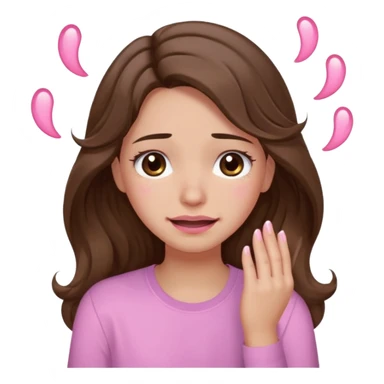 girl with wavy long brown hair, brown eyes, light to medium complexion, long lashes, light pink lipstick, wearing light pink shirt, smiling, crying with big pink tears coming down the face sticker