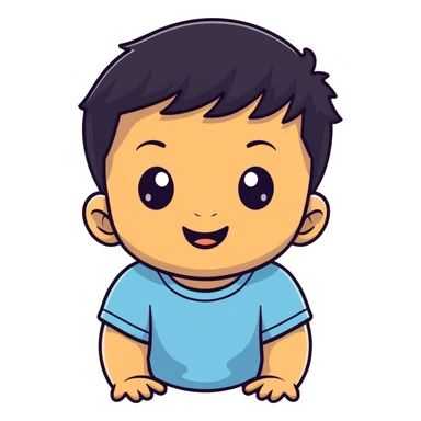 Smiling baby boy face with big eyes, medium skin tone, and black hair sticker