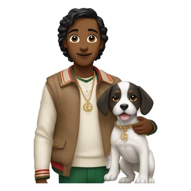 A cute but with an Indian skin color wearing Gucci and standing infront of a modern Indian mansion. The boy is holding a cute puppy sticker