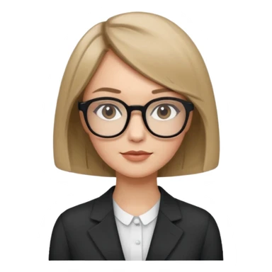 woman dark blonde petite bob haircut wears dark squarish glasses, classic clothes sticker