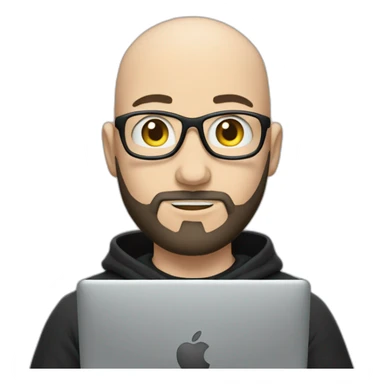 bald white man with a black beard typing on apple computer wearing a black hoodie sticker