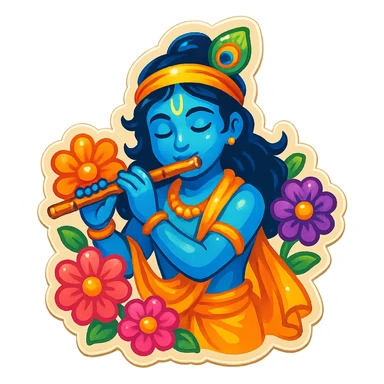 Hare Krishna themed sticker, Krishna playing a flute, surrounded by flowers, no text sticker