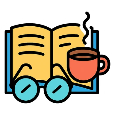 open book with glasses and a cup of coffee, representing studying icon sticker