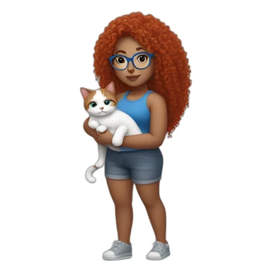a curvy girl with red curly hair and blue glasses with a white and gray cat in her arms sticker