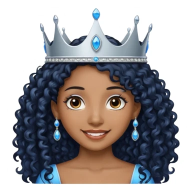 Por favor hazme el emoji de la princesa pero morena con el pelo negro y rizado y largo, los ojos marrones y la corona plateada con jollas azules sticker