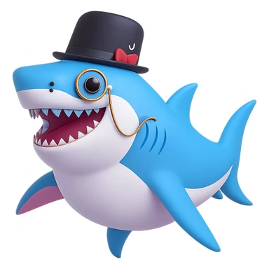 Add a monocle to the cartoon shark with a black top hat, smiling, no background. sticker