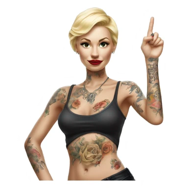 Blonde elegant women, her Body Covered with Tattoos, POINTING YOU FORWARD with her HAND with INDEX FINGER, Hyper realistic sticker