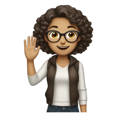Girl with curly dark brown hair wearing glasses waving sticker