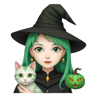Witch with cat companion, green haired sticker