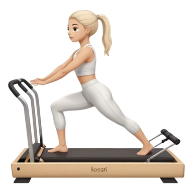 a girl doing reformer pilates, she is wearing a white fit and she has dark straight and loose hair.  sticker