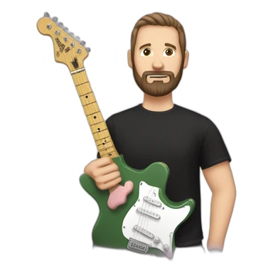 white man with dark beard and black t shirt and pastel pink stratocaster electric guitar sticker