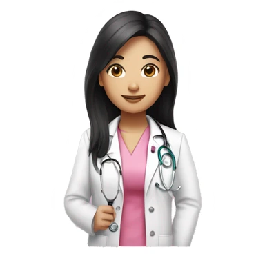 Long black hair female doctor in pink undershirt white coat over pink stethoscope  sticker