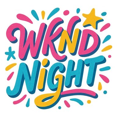 WKND NIGHT as a playful, hand-drawn script logo, colorful, fun weekend energy sticker