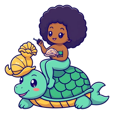 Black mermaid with an Afro sitting on a turtle blowing into a conch shell in the moonlight sticker