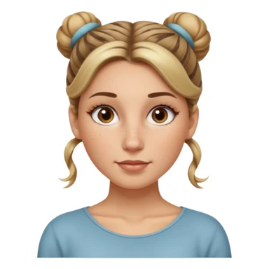 creative women with long dark Blond with highlights semi curly hair white women with hair in a top bun, oval shape face hazel eyes long lashes freckles on the nose high cheek bones sticker
