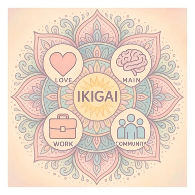 Ikigai depicted as a radiant mandala, blending symbols of heart, mind, work, and community, in a soft, pastel color palette sticker