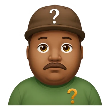 fat man with brown cap and green t shirt printeed a question mark sticker