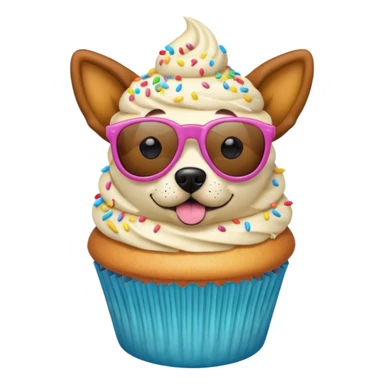 funny colorful cupcake with dog head wearing sunglasses, emoji style sticker