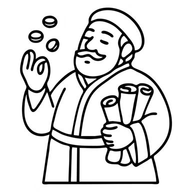 Wealthy fantasy merchant lord in red robes counting gold coins. DnD style character with scrolls of business contracts. sticker