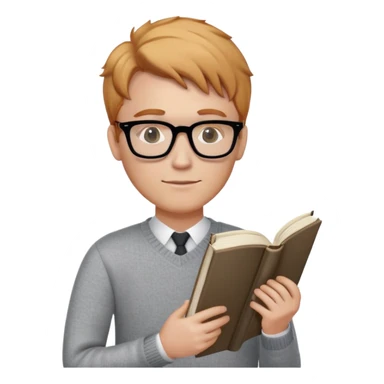 English teacher with strawberry blonde hair, black glasses, and a book in his hand. He wears a grey sweater sticker