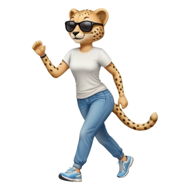 friendly anthropomorphised female cheetah in jeans and t-shirt, wearing dark sunglasses, jogging upright in relaxed pose sticker