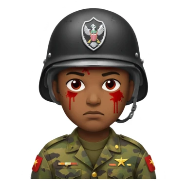 soldier with very melanated skin, scowling expression, blood splatter on left cheek sticker