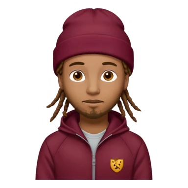 Animate a caramel skinned male with brown dreads and a tan colored  beanie with a burgundy tracksuit on with no beard  sticker