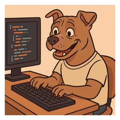 personified pit-bull dog typing code snippets, friendly, expressive, at a computer sticker