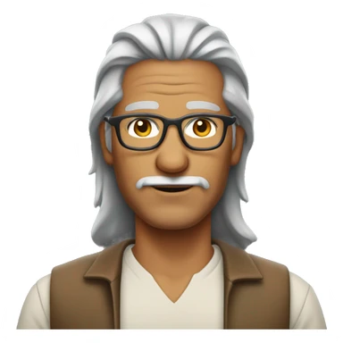 Gray haired tanned  Native American man with a beard and  glasses and a plain shirt, mid 50 with a beard sticker