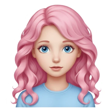 a girl with blue eyes, long pastel pink wavy hair, subtle clean makeup sticker