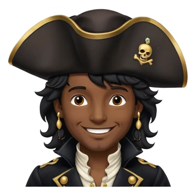 A charming man pirate with wavy black hair, wearing a decorated tricorn hat and a velvet coat, smiling confidently dressing color black sticker