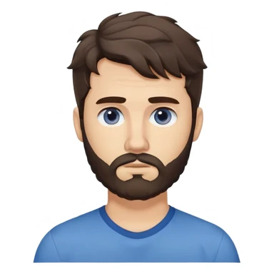 Caucasian man with wavy dark brown hair styled loose with wavy fringe, medium-length wavy hair, short full beard, neutral serious expression, simple blue shirt sticker