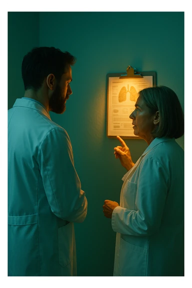 Realistic, detailed photo taken from behind of two doctors—a bearded man and a middle-aged woman—standing and facing each other as they discuss a diagnosis in front of a medical chart. The scene is illuminated by a yellowish, orange, warm light that softly envelops the doctors. The entire room is bathed in a single green-blue color, creating a cohesive and modern atmosphere. Both doctors wear white coats, and their body language suggests a serious, professional conversation. Shot with a Canon EOS R5, with high detail and natural depth of field. sticker