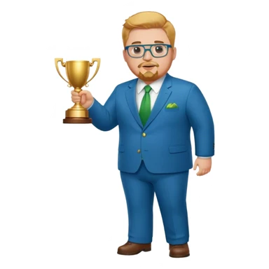 Full Body white fat male  wearing glasses with a goatee with strawberry blond very short hair basketball head Coach in blue and green suit holding trophy sticker