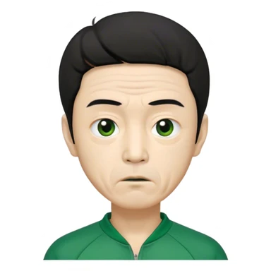 Seong Gi-hun : age 65, skinny and bony face, very small mouth, thick eyebrows deep eyes, unkempt black hair , Green player tracksuit. sticker