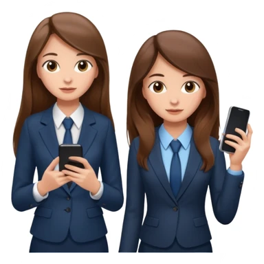 two brown haired girls, looking professional maybe leaned back on back and looking forward and using phones, with longer hair and with some cute clothes sticker