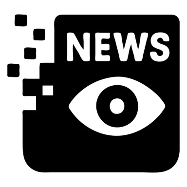 solid black filled icon logo for intelligence news channel, newspaper with digital pixel effect and eye, sleek professional sticker