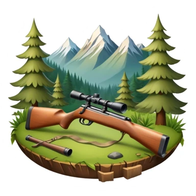 Icon for Hunting Tourism: hunting rifle, surrounded by nature elements like trees, mountains, and wildlife tracks. The icon should represent the adventure and exploration of hunting tourism. Transparent background. sticker