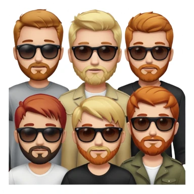5 blanke mannen 1 met blond haar en een zwarte zonnen bril 2 met blond haar 3 rood haar en een klein mini baardje 4 bruin haar en een baard 5 bruin haar alleen gezichten sticker