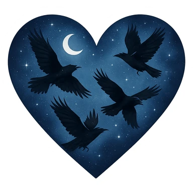  heart with blue night sky and dark ravens, remove background sticker