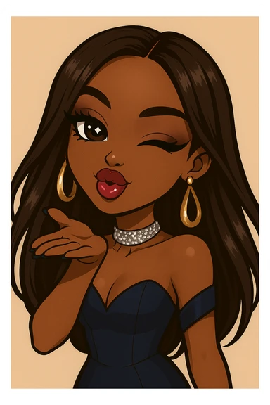 Make her wink while blowing a kiss, headshot only, keep her as a 20-year-old anime Bratz style woman with dark skin, dark hair, glamorous evening wear, big expressive eyes, glossy lips, and a happy expression. No tears. sticker
